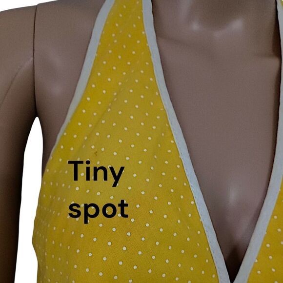 Vtg Maxi Dress Sz XS/S Hostess Halter Yellow White Polka Dot Sheer Overlay 70s - Picture 2 of 16